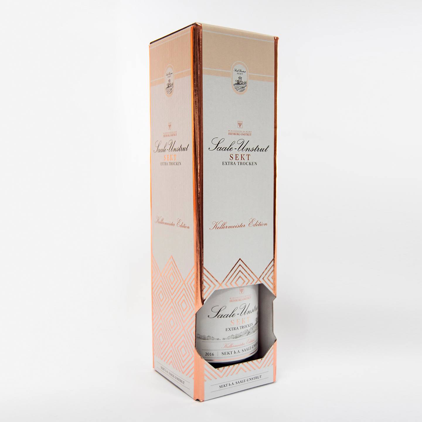 Saale-Unstrut Saale-Freyburg Sekt Champagne Bubbly Sparkling Wine Paper Box Giftbox Packaging Bottle Rosé Rose Gold UV-Laque UV Finish Shiny UV-Coating